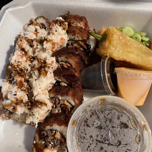 a tray of food and a drink