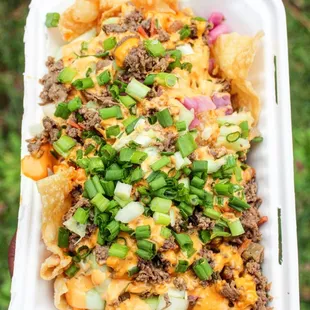 Bulgogi Wonton Nachos: Fried wontons, cucumber, pickled red onion, bulgogi, boom sauce, and topped with chopped green onion