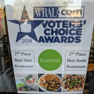 Sushioki won 2nd place for best new restaurant and best sushi restaurant from WRAL.com voting.