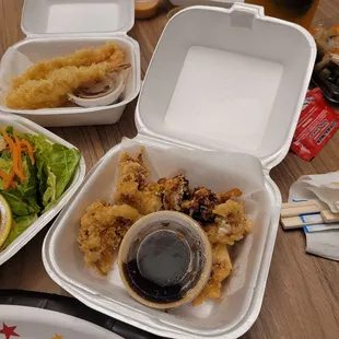 Shrimp tempera, soft shell fried crab, green salad with ginger salad, California rolls