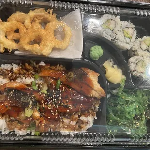 Dinner Bento Box with eel, fried calamari, seaweed salad, roll and miso soup (not pictured)