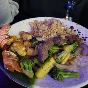 Hibachi Filet mignon,  lobster tail fried rice and vegetable