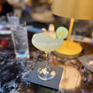 Chucumber cocktail - shochu, maraschino liqueur, plum sake and plum bitters shaken with fresh cucumber and lime juice