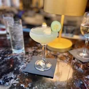 Chucumber cocktail - shochu, maraschino liqueur, plum sake and plum bitters shaken with fresh cucumber and lime juice