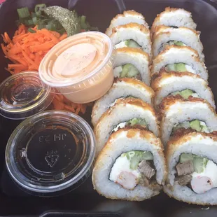 a tray of sushi