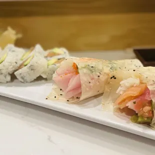 (c030) Yellowtail Truffle Hand Roll, (c028) Sashimi Ceviche Hand Roll