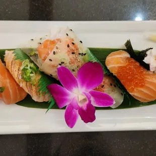 salmon sampler, salmon truffle handroll, gunkan trio
