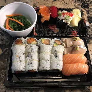Seaweed Salad, Salmon Sushi, Shimesaba Sushi, Gunkan Trio Sushi, Spicy Tuna Roll, Salmon Avocado Roll. May 2021. $30