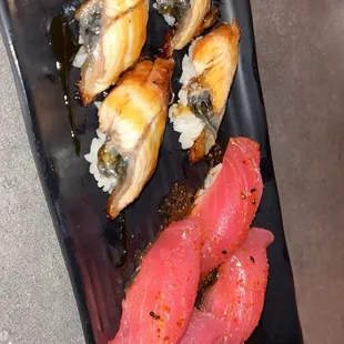 Unagi left garlic tuna right