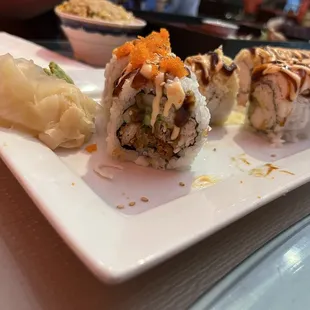 Spider Tempura Roll, Crunchy roll, and Tiger roll