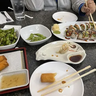 Spicy edamame, egg roll, gyoza, dragon &amp; tempura roll &amp; we had the chicken friend rice.