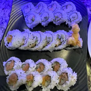 California Roll, Shrimp Tempura Roll, &amp; Spicy Salmon Roll