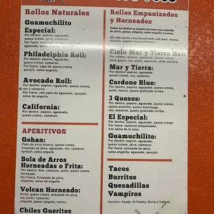 Rollos Naturales, Aperitivos, Rollos Empanizados  y Horneados, Tacos, Burritos, Quesadillas y Vampiros.