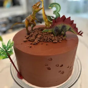 9&quot; Old-fashioned chocolate cake. I ordered ahead to get smooth icing and decorated it with the dinosaurs.