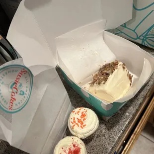 Carrot cake - slice , pumpkin cupcake, red velvet cupcake