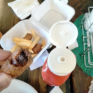 Burnt Mini corn dogs. Brought it to multiple staff members attention but they would not fix the order.