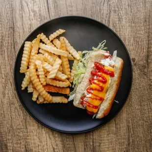 a hot dog and french fries