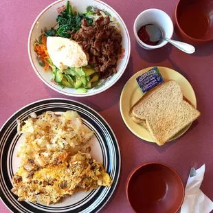 Bulgogi bibimbap, bulgogi kimchi omelette