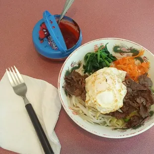 Bibim Bop with Bulgogi...note the cool Spiderman condiment container