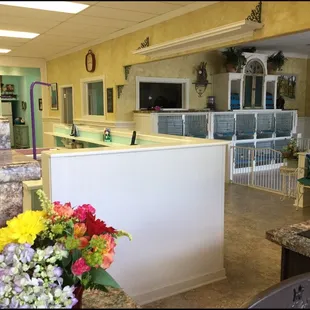 Grooming area on the left, day care on the right, viewed from front lobby.
