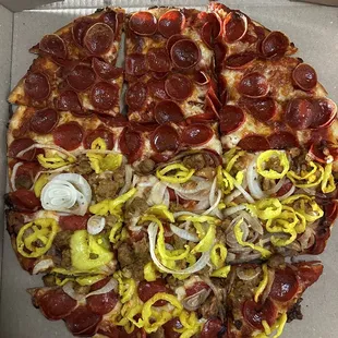 14" Pepperoni, half with sausage, onion, banana peppers