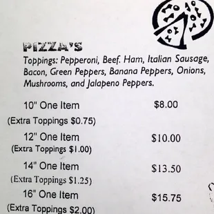 Pizza menu