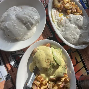 Biscuits and gravy  Cali Benedict  Home fries