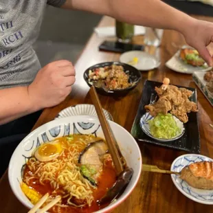 Spicy Ramen Chicken karaage  Flattened fried chicken Salmon yakitori Lavender Boba Rice Bowl - yummy  Pork belly skewers