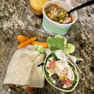 Mediterranean Vegetarian Wrap add chicken and banana peppers along with Vegan Vegetable Soup