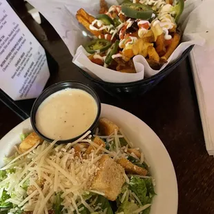 Cesar salad and Portage Park Fries