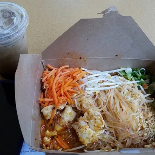 Chicken pad Thai ($6) and Thai iced coffee ($1). Incredible value, exceptional quality.