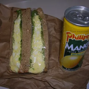 egg salad sandwich and mango drink