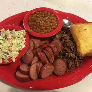 Brisket, polish, beans and slaw