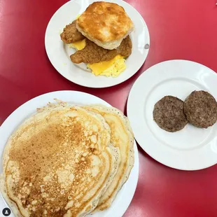 Chicken tender, egg, and cheese biscuit and pancakes