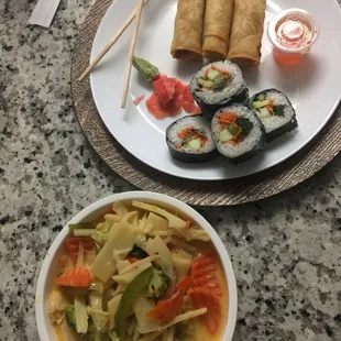 Takeout: vegetable miso soup, veggie spring rolls, vegetable sushi