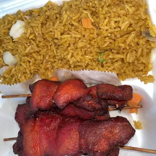 Shrimp fried rice, teriyaki chicken sticks