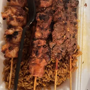 Jollof Rice with Chicken Suya, Shrimp Suya and Beef Suya