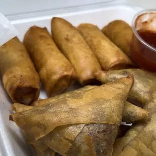 Egg rolls and 5. A Big Pan of Beef Suya