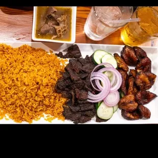 Suya, Jollof rice and Plantain