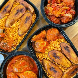 Wings, jollof, Plantains with Stew