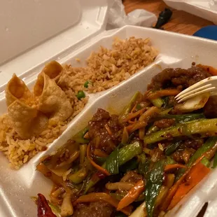 Spicy beef fried rice and rangoons... half eaten