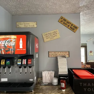 a soda machine and a counter