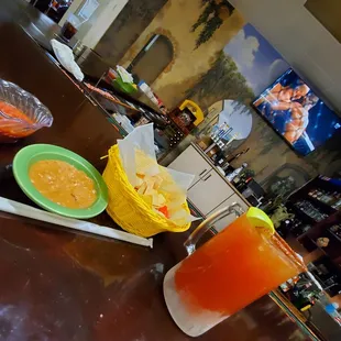 Great Michelada w sum  chips, beans n salsa were good too.