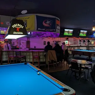 pool tables and neon signs