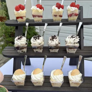 Mini shooters- lemon raspberry, chocolate oreo, banana pudding. Spoons included.