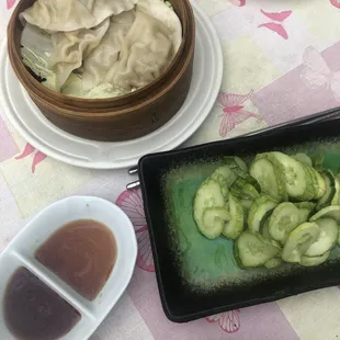 Chicken dumplings and cold cucumber salad