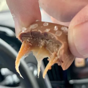 a person holding a piece of food