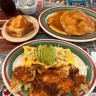 California omelette with side of homemade potatoes and toast.  Extra side 2 pancakes.