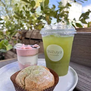 Yuzu green tea, Green Tea Cream Puff, strawberry and coconut parfait