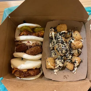 from top the bottom: fried chicken bao, fried turnip cake and fried green tomato bao! side of Togarashi Tater Tots